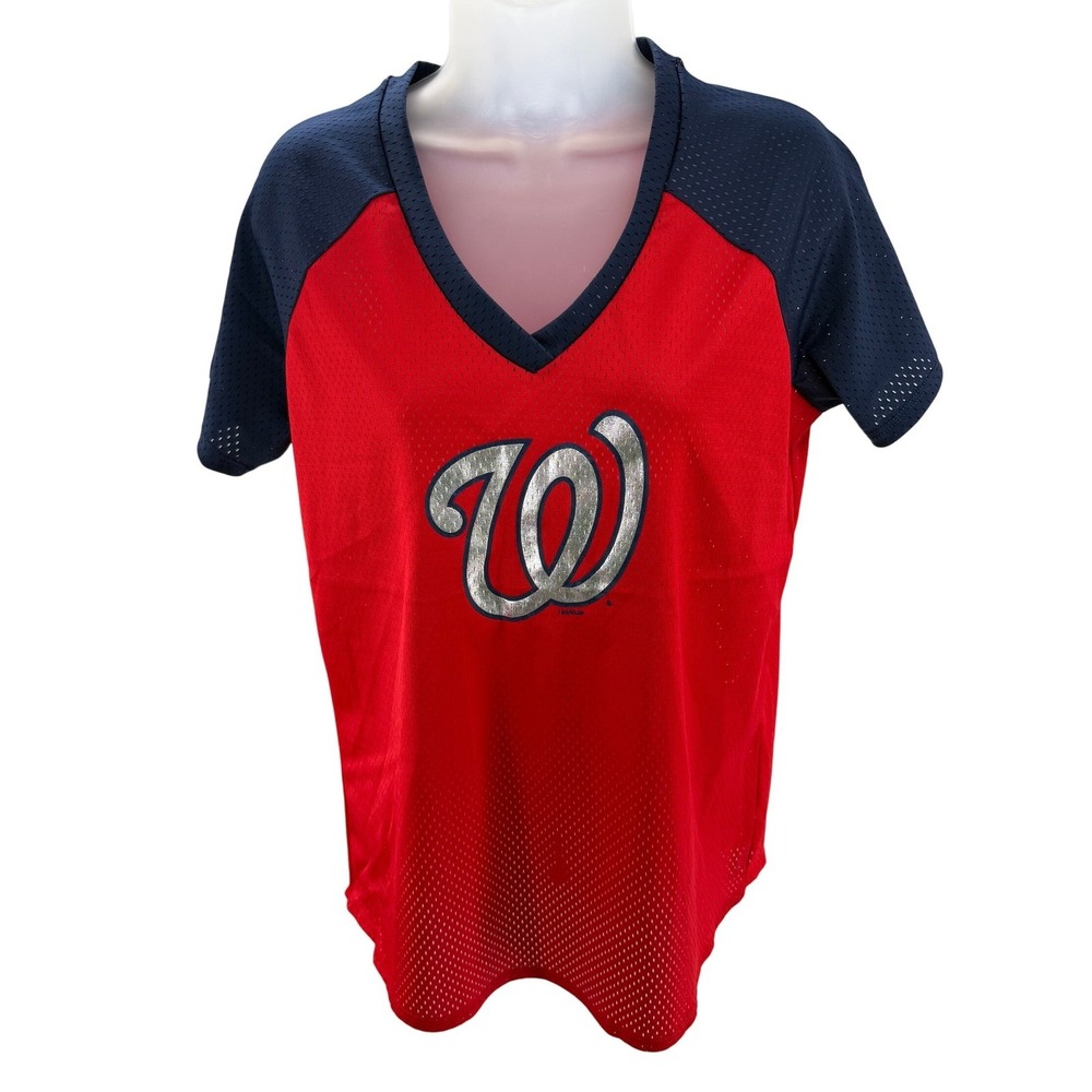 MLB Washington Nationals Red Mesh Metallic Jersey Shirt Womens Medium NEW